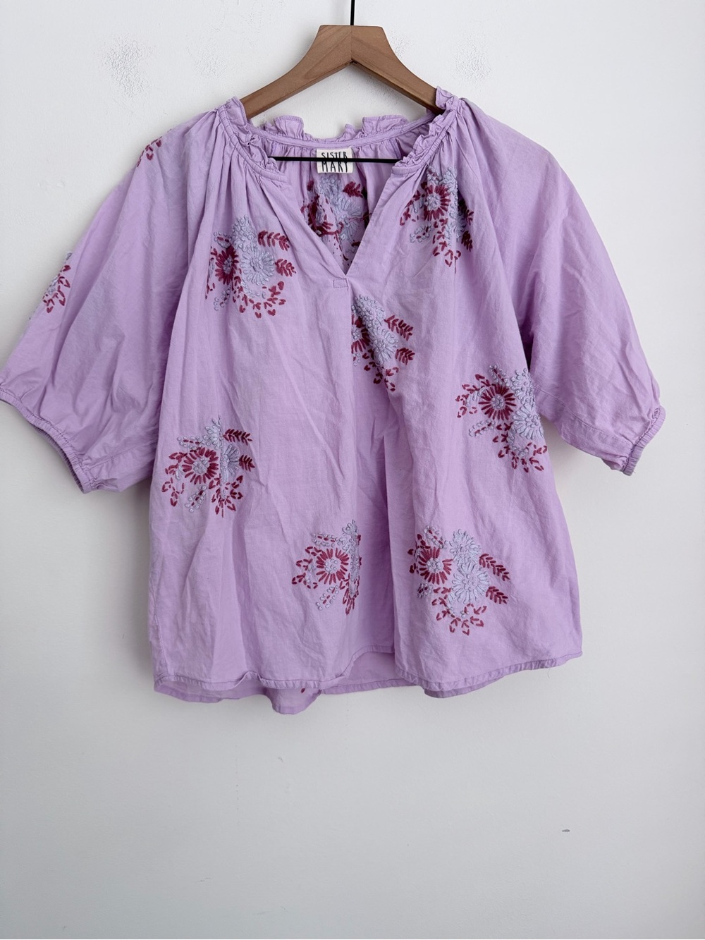 Sister Mary Anita floral Embroidery popover blouse lavender balloon sleeve L